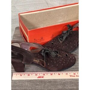 Vintage Vitality Brown Suede Slingback Lace Up Peep Toe Heels 1940 Style